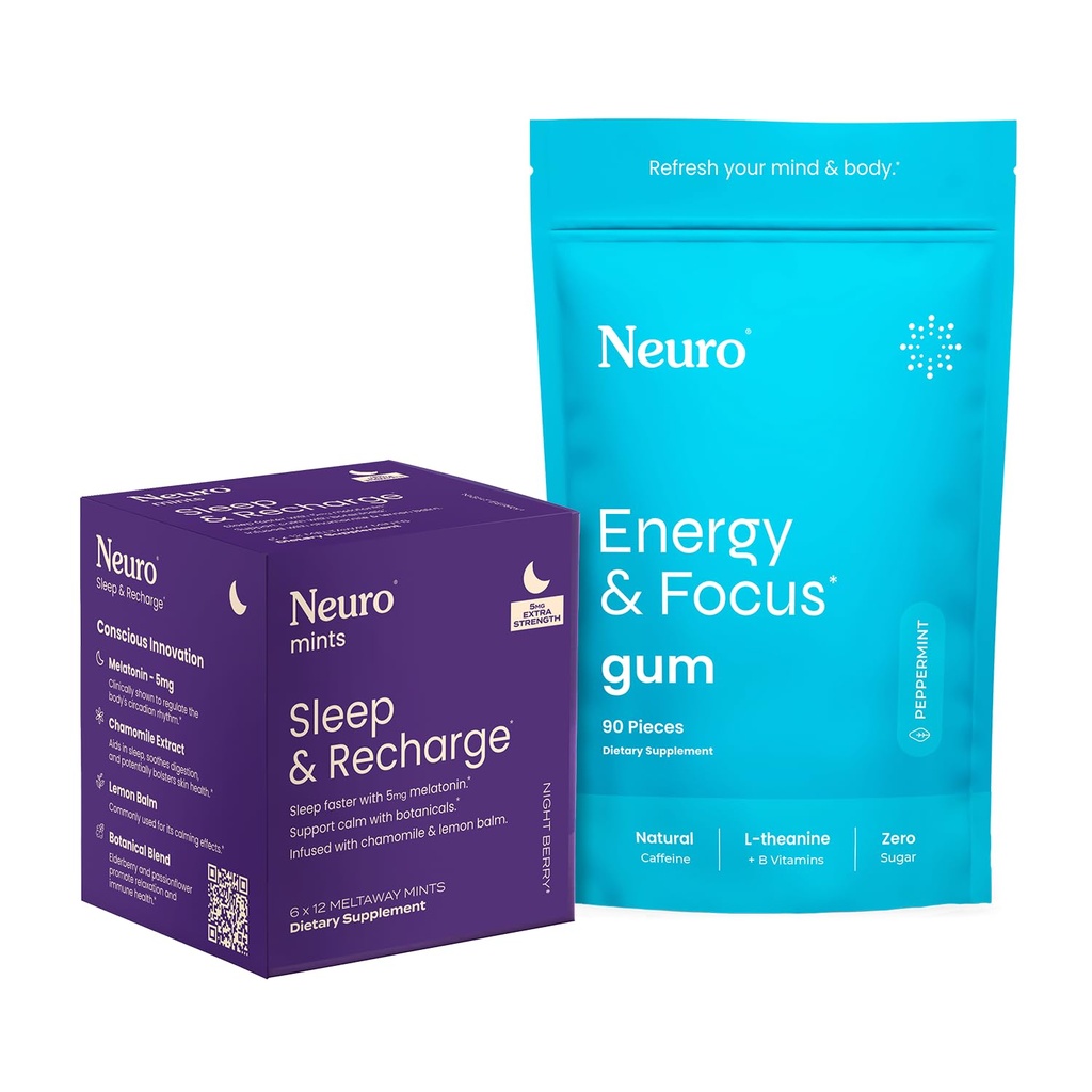 Neuro Energy & Sleep Bundle - Energy & Focus Gum (Peppermint, 90 Count) + Melonatin 5mg Sleep & Recharge Mints (Night Berry, 72 Pieces)