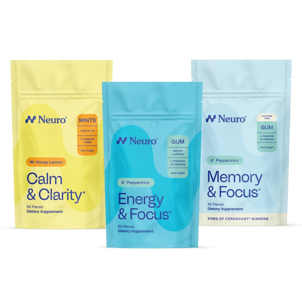Beat Kognitif Neuro Bundle - Memory & Focus Nootropic Gum (Peppermint, 90 Count), Sleep & Recharge Melonaciin Mints (Berry, 72 Count), Calm & Clarity Stress Support Mints (Honey Lemon, 90 Count)