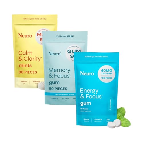 Neuro Focus & Calm Cognitive Bundle - Energi & Focus Nootropic Gum (90), Calm & Clarity Stress Dukungan Mints (90) & Memory & Focus Nootropic Gum (90)