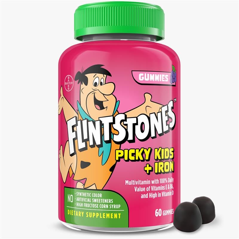 Flintstones untuk Picky Kids + Iron, Kids Multivitamin Gummies dengan Vitamin C, D, E, B6 dan Iron, Gummy Vitamin, Grape Flavored, 60 Gummies