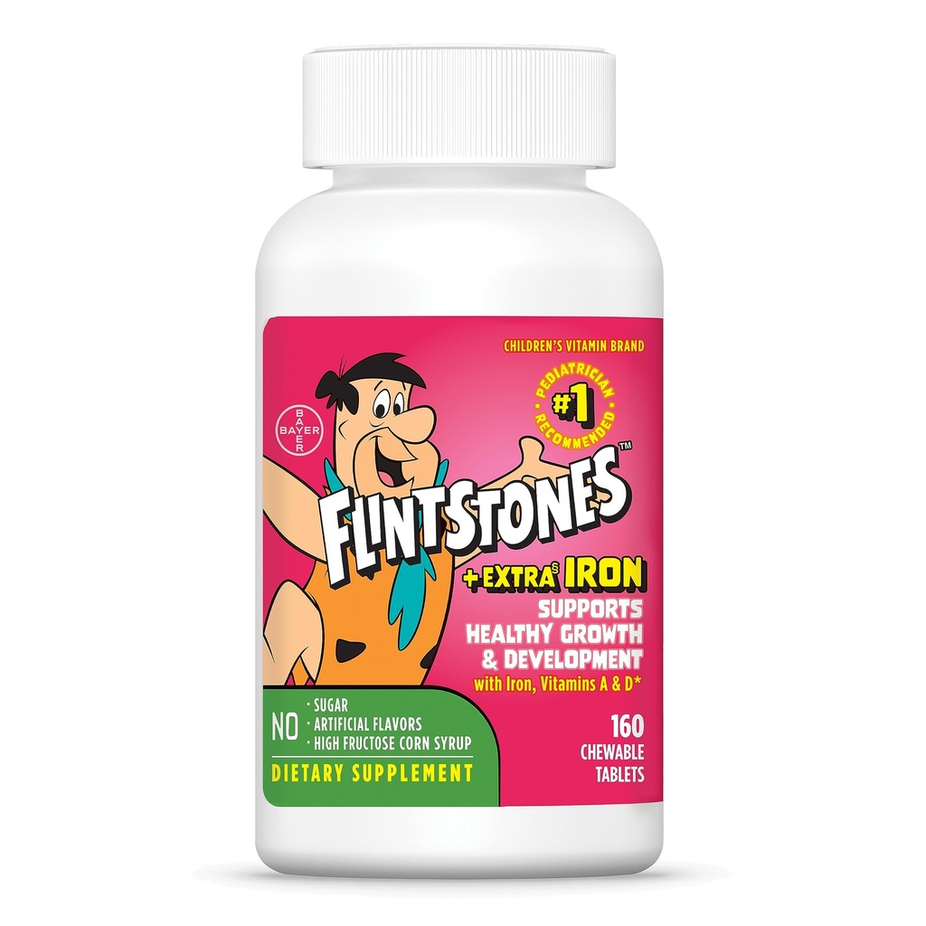 Flintstones Vitamin Chewable Kids Multivitamin with + Extra Iron for Toddler & Kid with Vitamin C, D, Vitamin B12, 160 Count (Packaging Will Vary)