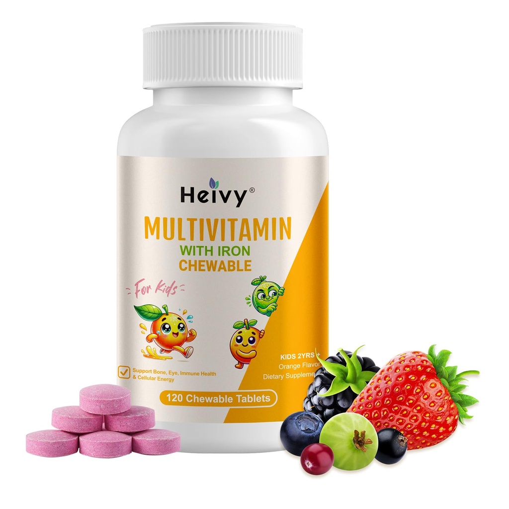 Heivy NEW Children Multivitamin Chewable - 120 Tablet untuk Bone, Eye, and Vitamin Health - Menyediakan Perkembangan dan Pengembangan dengan Vitamin D3, C & B- Complex