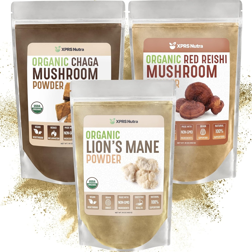 XPRS Nutra Mushroom Bundle - Singa Mane, Chaga, Jamur Reishi Merah - Semua Bundle Jamur Organik (16 Ounces Masing-masing)