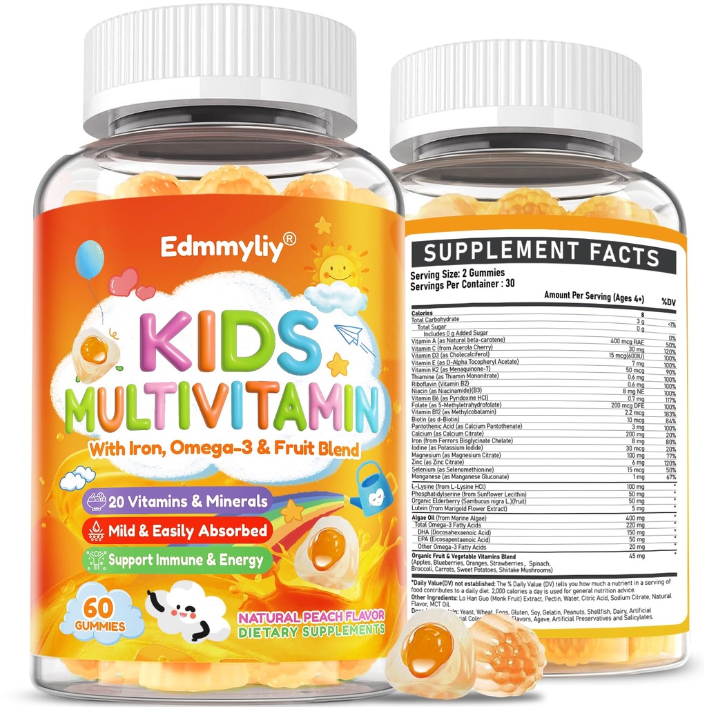 Anak-anak Multivitamin Gummies - Vitamin A D3 K2, Methylated B- Complex dengan Omega-3, Iron for Imune & Development - Organic Mixed- Berry Flavor Multivitamin Anak-Gula & Vegan