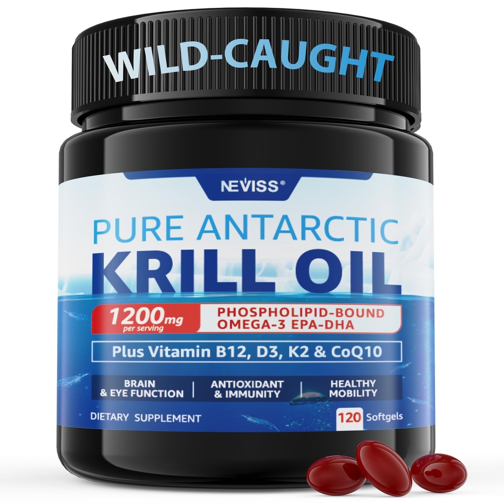 Antartika Krill Oil 1200 mg Omega 3 Suplemen, Omega 3 Krill Oil Softgeels w / EPA, DHA, Astaxanthin & Phospholipids for Brain & Antioksidant, Sumpably Disediakan, No Fishy Aftertaste, 120 Softgeels
