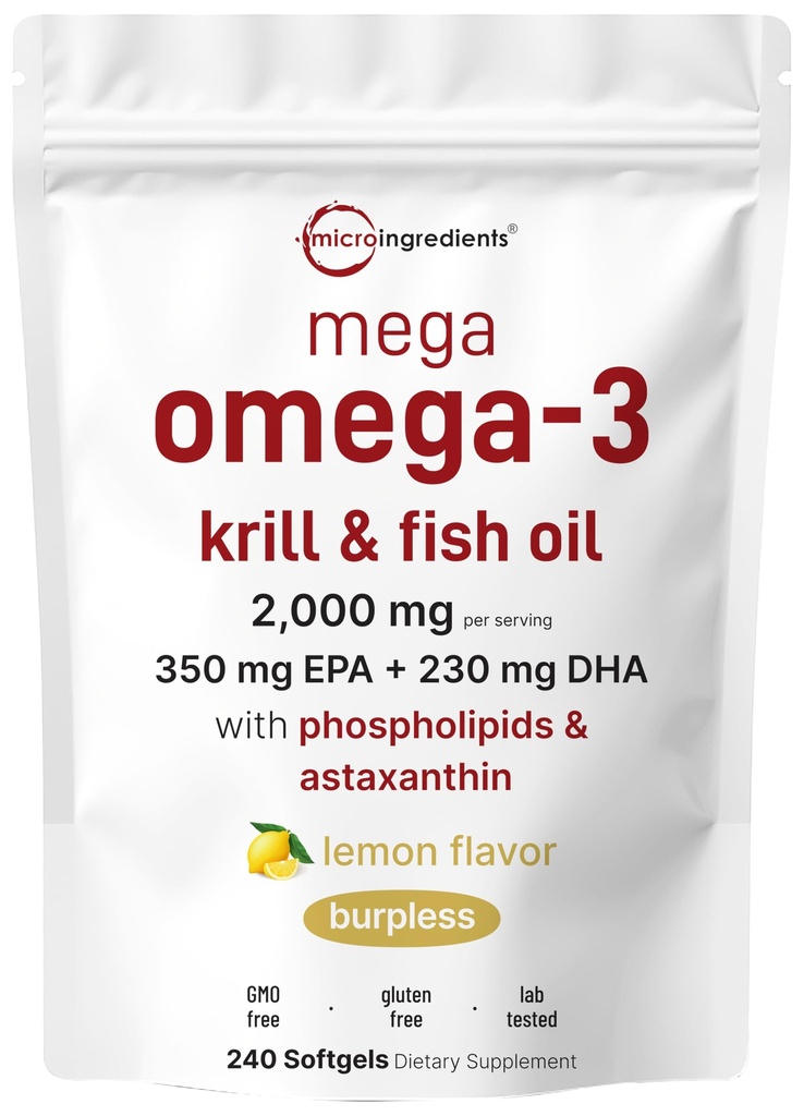 Mega Omega-3 Krill & Fish Oil 2.000mg Equivalen, 240 Softgels 14; Lemon Flavored 124; Bureless 124; Escult Acids & Staxanthin 124; EPA 350mg + DHA 230mg 124; Heart & Brain Suplemen