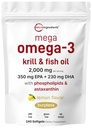 Mega Omega-3 Krill & Fish Oil 2.000mg Equivalen, 240 Softgels 14; Lemon Flavored 124; Bureless 124; Escult Acids & Staxanthin 124; EPA 350mg + DHA 230mg 124; Heart & Brain Suplemen