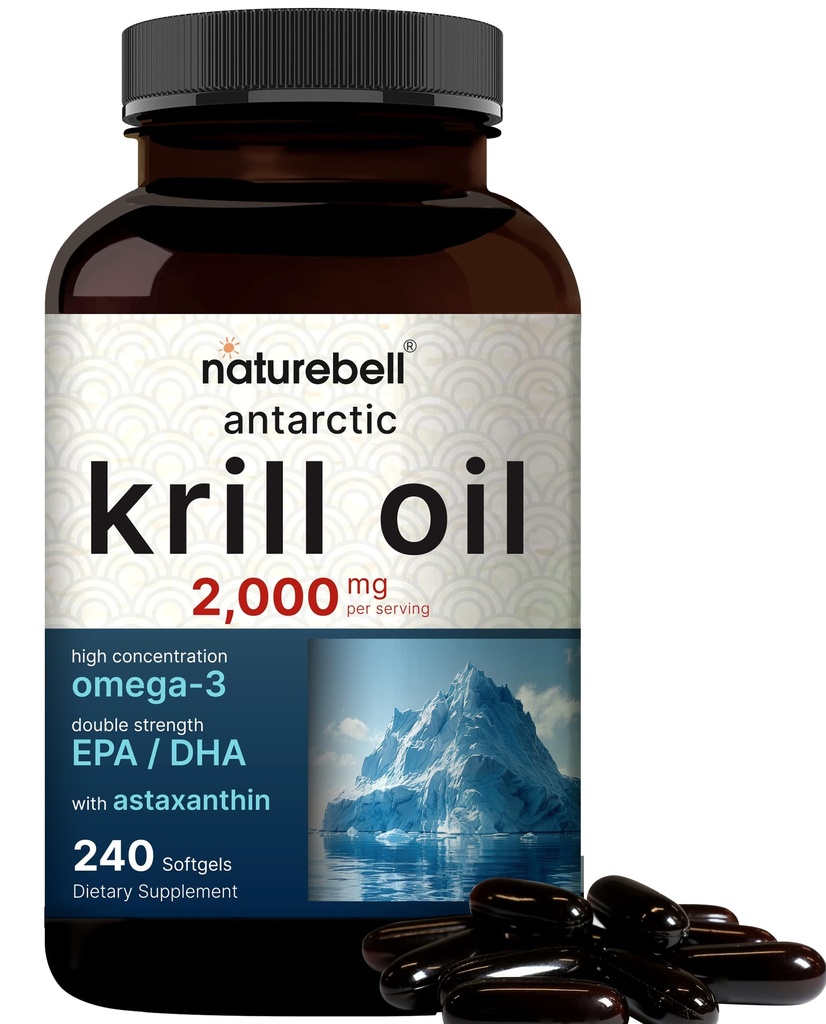 NatureBell Antartika Krill Oil 2000mg Tambahan, 240 Softgels, 3X Kekuatan Sumber Alam Omegaga- 3s, EPA 240mg + DHA 160mg + Astaxanthin 800mcg - No Fishy Aftertaste Free & Nos-GMO