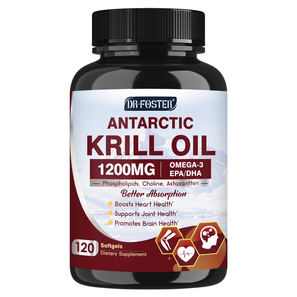 Krill Oil 1200mg, Antartika Krill Oil Omega 3 Suplement with EPA, DHA Astaxanthin & Phospholipids for Heart & Brain & Marrow Health, No Fishy Aftertaste, 120 Softgels (60 Pelayan)