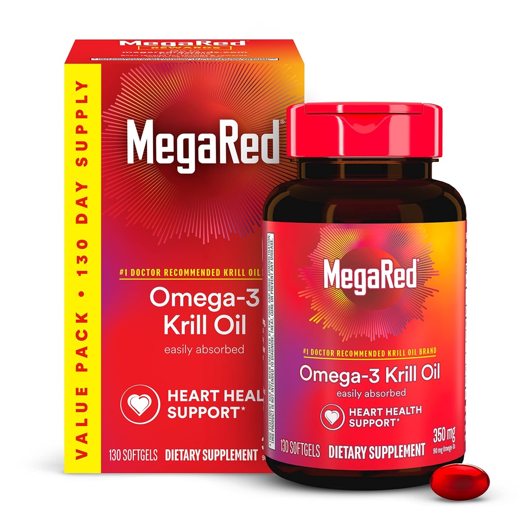 MegaRed - Omega-3 Krill Oil 350mg Softgeels (130 Count in A Bottle), EPA & DHA Omegaga- 3 Fatty Acids dengan tidak Fishy Aftertaste Unless Fish Oil, mengandung Antioksidant Astaxanthin