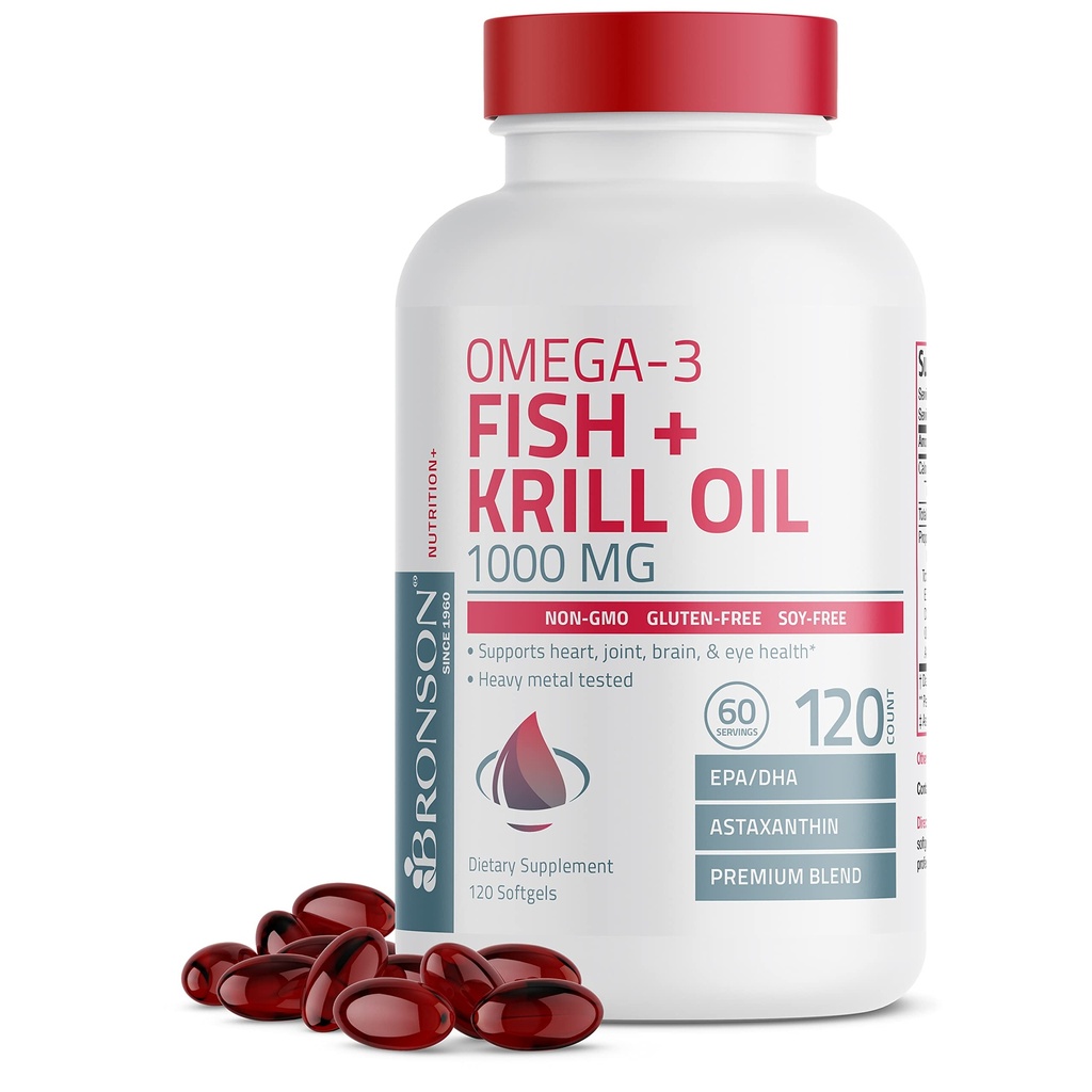 Bronson Omega-3 Fish + Krill Oil 1000 MG EPA DHA Astaxanthin Premium Blend - Gabungan, Otak & Eye Kesehatan - Non GMO, Heavy Metal Tested, 120 Softgels