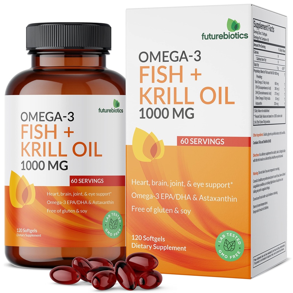 Futuregranity Omega-3 Fish + Krill Oil 1000 MG Omega-3 EPA / DHA & Astaxanthin - Non-GMO, 120 Softgels (60 Servings)