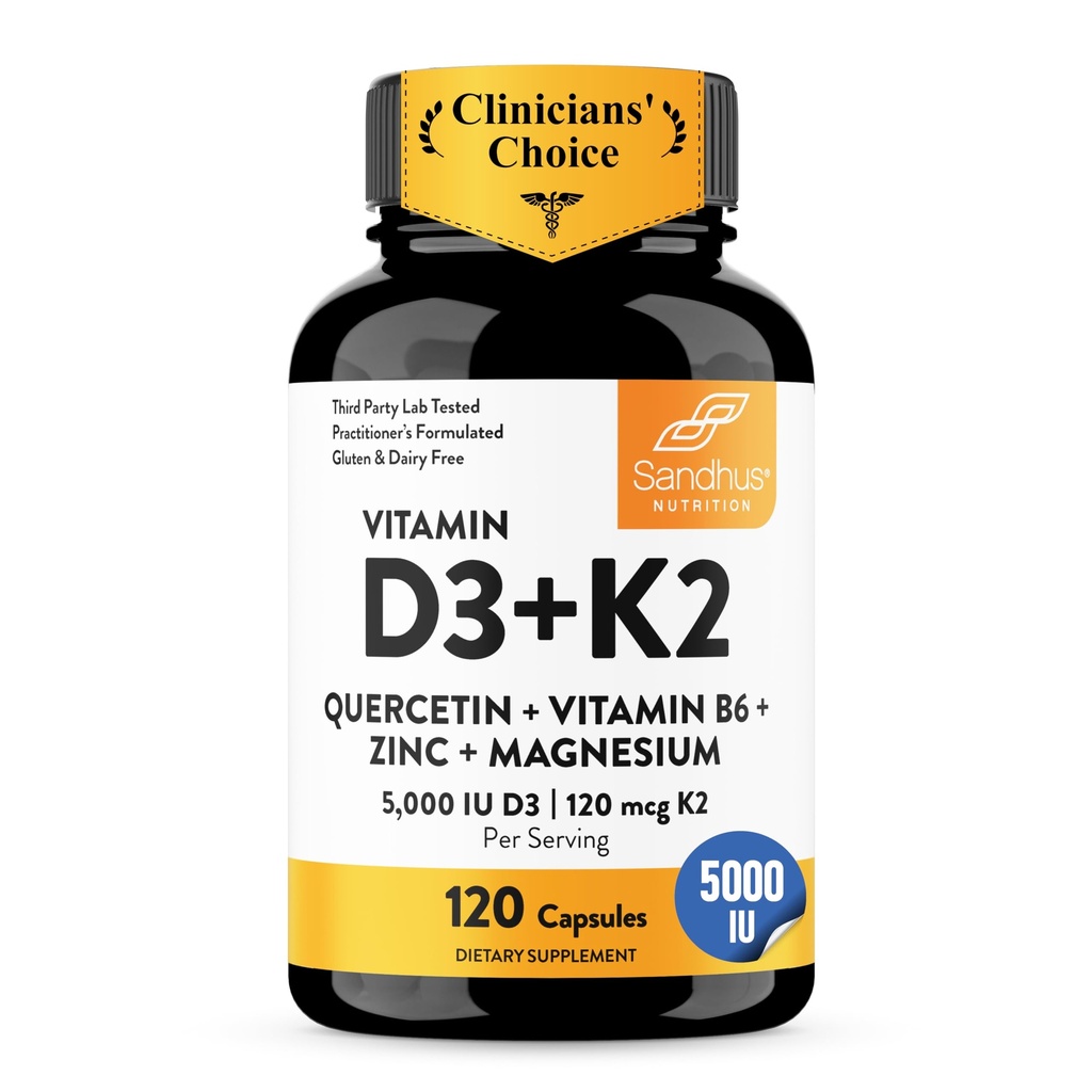 Sandhu 's Vitamin D3 K2 Magnesium 5000 IU, 120mcg K2 Capsules 120 Count (Paket 1) 124; dengan VIT B6, Zinc & Quercetin 124; D3K2 Superior Absorpsi, Energy, Imune, Muscle Health for Men & Women