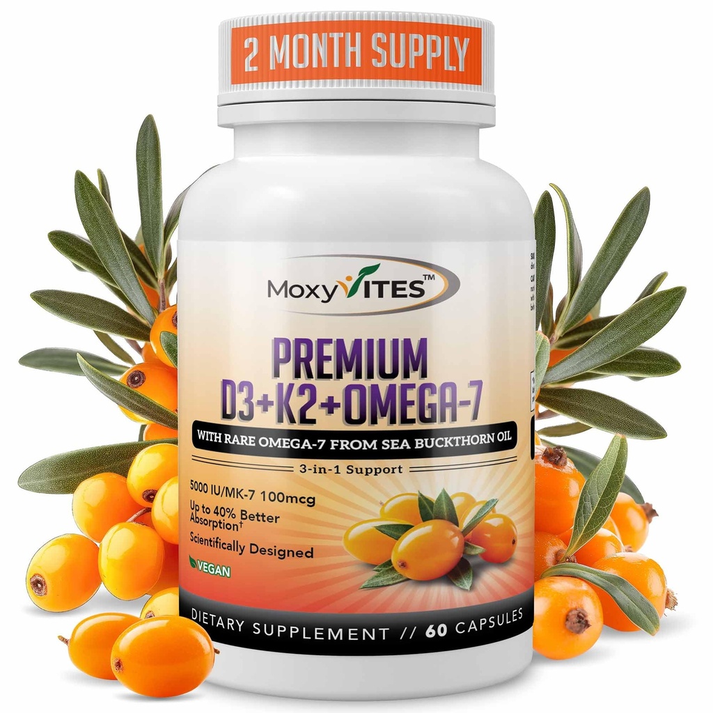MoxyVites Vitamin D3 K2 5000 IU - High Absorpsi D3 + K2 MK-7 dengan Sea Buckthorn Oil & Oil & Ogam- 7 - Bone, Heart & Imune Dukung Perempuan & Men - 60 Vegan Capsules