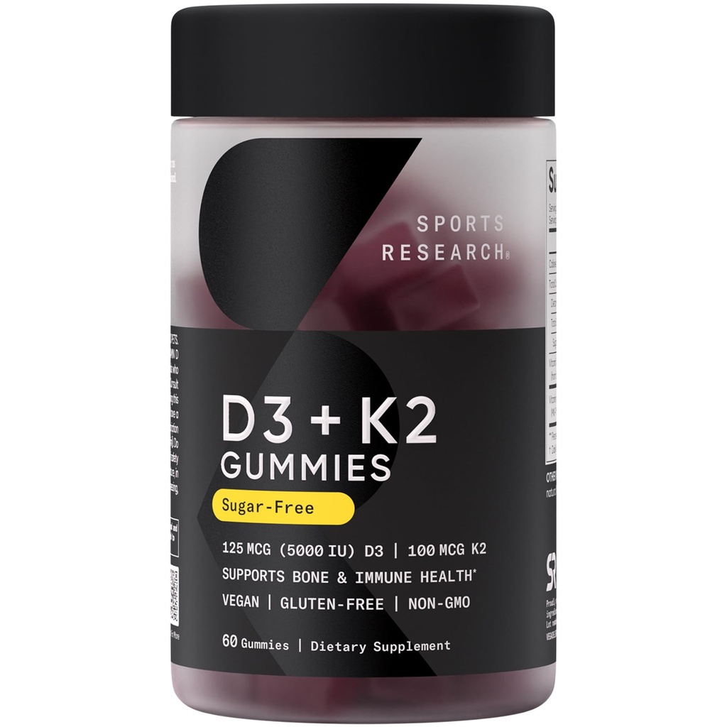 Penelitian Olahraga ® Vegan Vitamin D3 + K2 Sugar-Free Gummies - 125mcg (5000iu) Vitamin D w / 100mcg Mk7 Vitamin K - Mendukung Bone & Ammune Health * - Vegan Tersertifikat