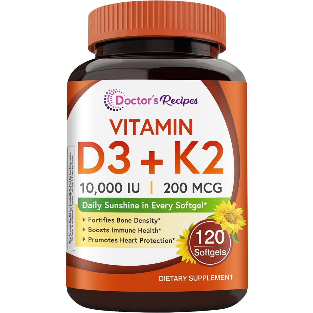 Dokter 's Recipes Vitamin D3 K2, 10.000 IU, 200 mcg, MK-7, Strong Bone Density, Teth, Imune, Dukungan Jantung, Energi, Kalsium Absorpsi, Tidak Soy & Gluten, Nun-GMO, 120 Softgels