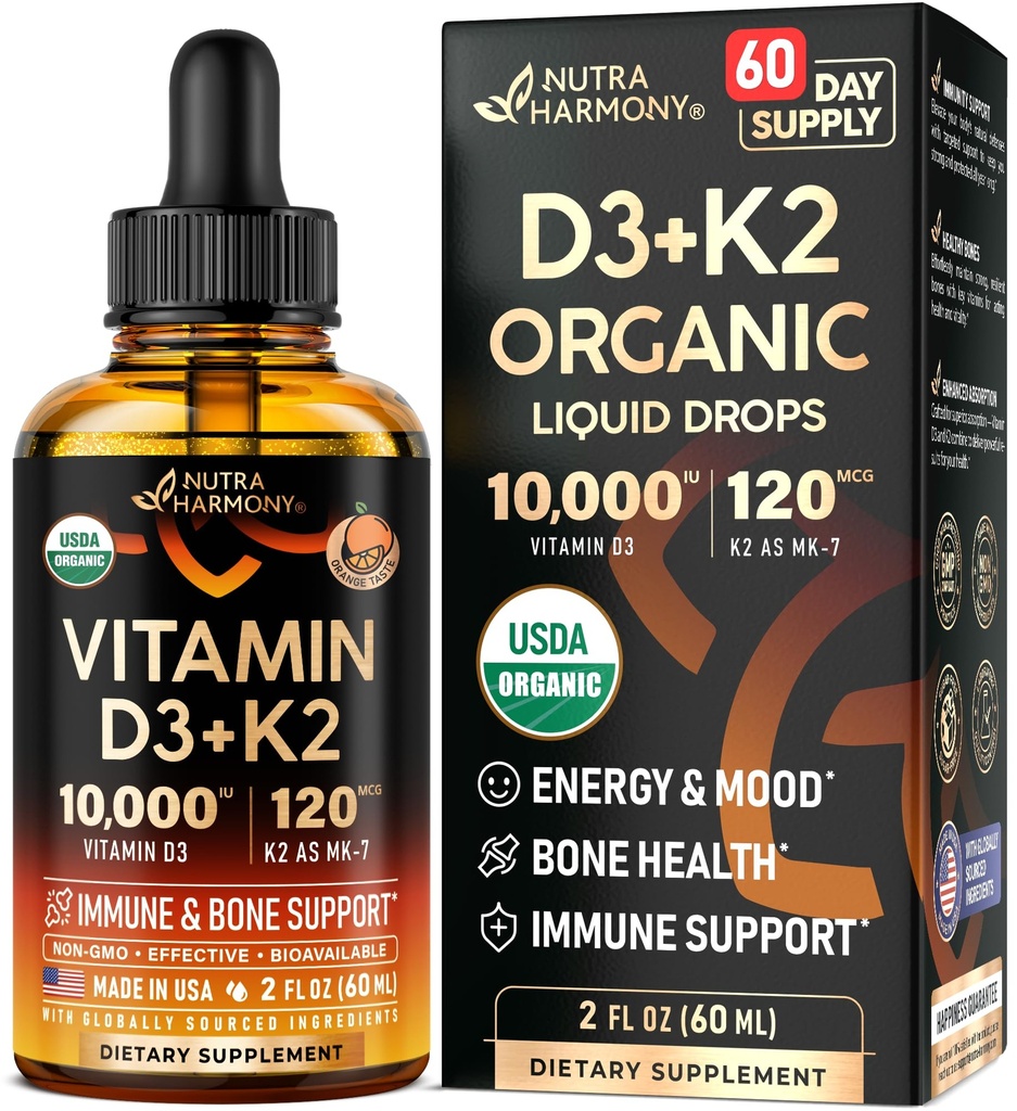 Vitamin D3 K2 USDA Organik Drops - Vitamin D3 10000 IU & K2 sebagai MK-7 120mcg - Imune & Mood Dukungan, Bone & Teeth Kesehatan - Sugar- Free Orange Flavor - Liquid Suplemen - Dibuat di AS - 2 FL OZ, 60 Hari