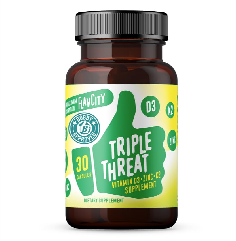 FlavCity Vitamin D3, K2 & Zinc - Triple Threat Suplement - Daily or Seasonal Ammune Support - Vitamin D dengan K2 untuk Enhanced Absorpsi - Bones Kesehatan & Skin (30 Capsules)
