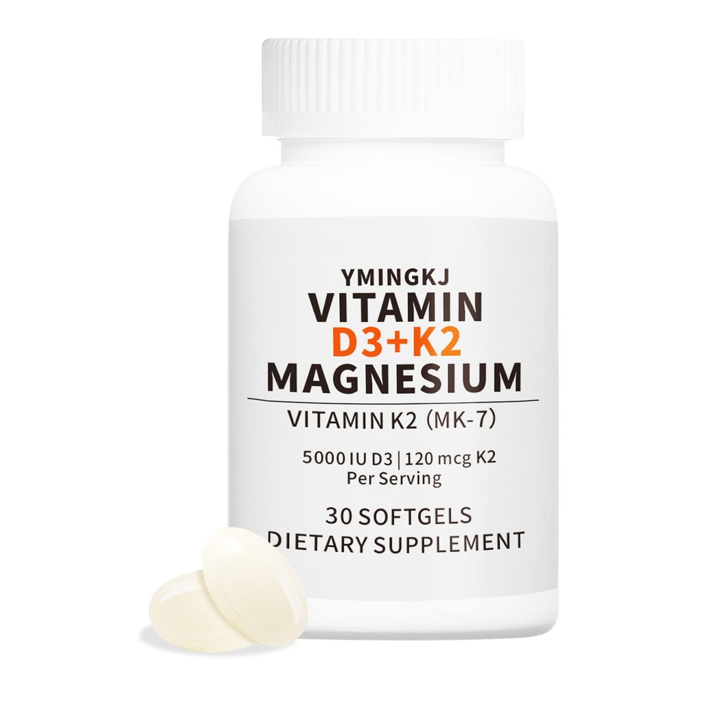 Vitamin D3 K2 5000 IU Softgels dengan Suffels Magnesium - & 120mcg MK-7 K2 untuk Dukungan Kesehatan Tulang & Imune - Non-GMO & Gluten- Free Softgels dengan MCT Oil- 30 Softgel