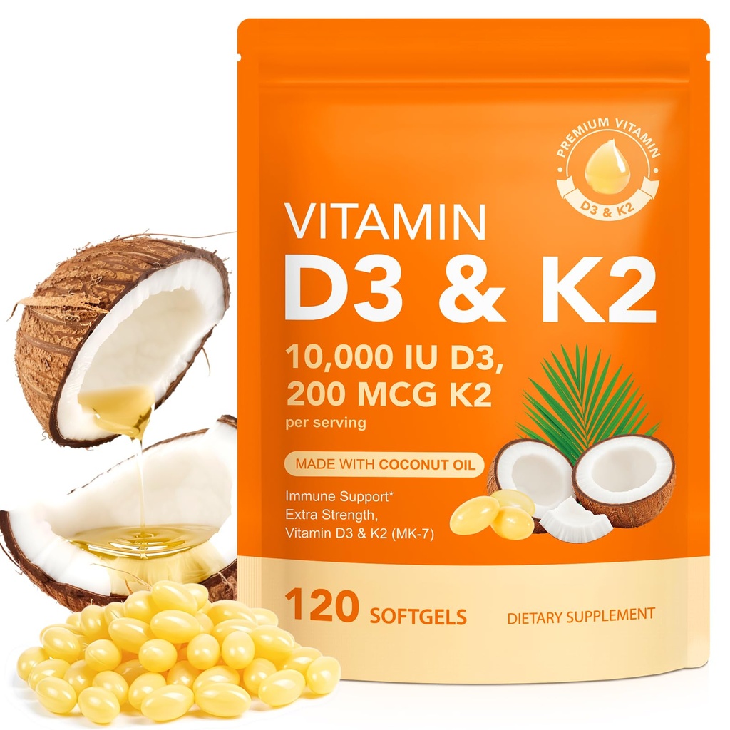 Vitamin D3 K2 dengan Coconut Oil - Vegan Vitamin D3 & Mk7 Vitamin K2for Bone & Imune Dukungan - Non-GMO, Soy Free - 120 Softgels