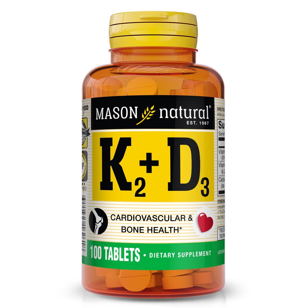 MASON NATURAL Vitamin K2 + D3, 100, Day Supply, dengan Kalsium untuk Normal Bone dan Dukungan Otot, Tablet