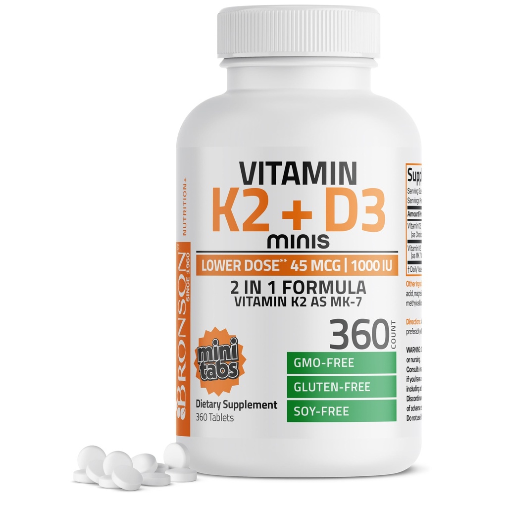Bronson Vitamin K2 (MK7) dengan D3 Lower Dose 45mcg Vitamin K2 & 1000 IU Vitamin D3 Mudah untuk Swallow Daily Maintenance 2 dalam 1 Formula Non-GMO, 360 Mini Tablet