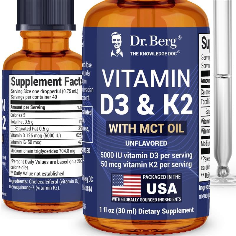 Dr. Berg Maximum Kekuatan Vitamin D3 K2 Liquid Drops with MCT Oil - 5.000 IU Liquid Vitamin D3 with K2 - Supports Strong Bones, Heart, Energy, Immunity, and Overall Vitalitas * - Unflamited 1 Fl Oz