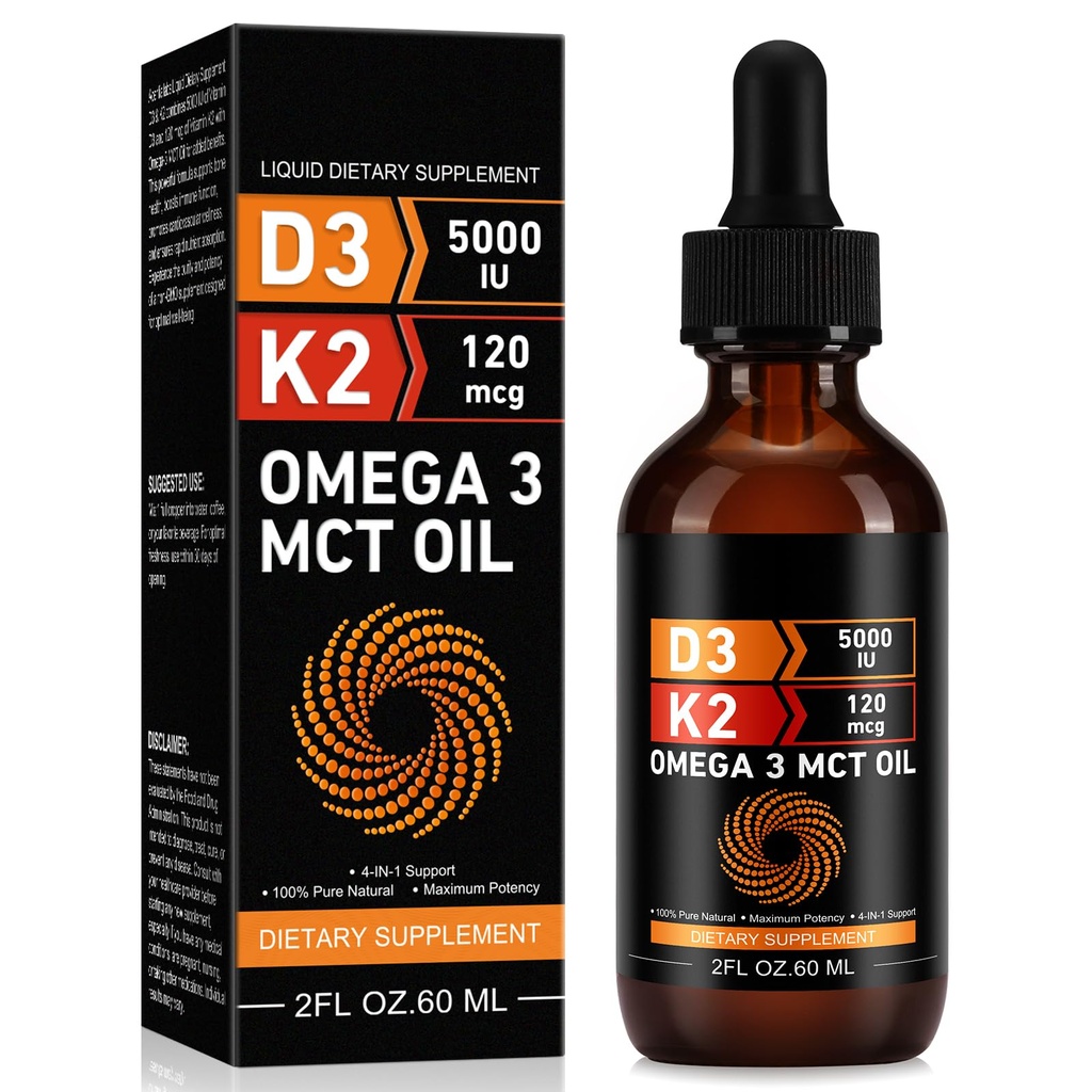 Daiasns Vitamin D3 5000 IU & K2 (MK-7) 120 mcg 60ml Drops with MCT Oil Omega 3, Liquid Vitamin D3 & K2 Supppports 2 Month