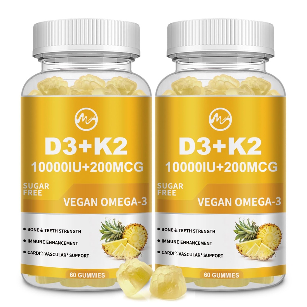 M inch Vitamin D3 K2 Gummies, Vitamin D3 1000IU, K2 (MK-7) 200mcg, 6- 1 Vitamin D3 con K2 Supplemen -3 untuk Perempuan dan Pria - Bones, Teeth & Imune Dukungan, Sugar Free, 2 Pack