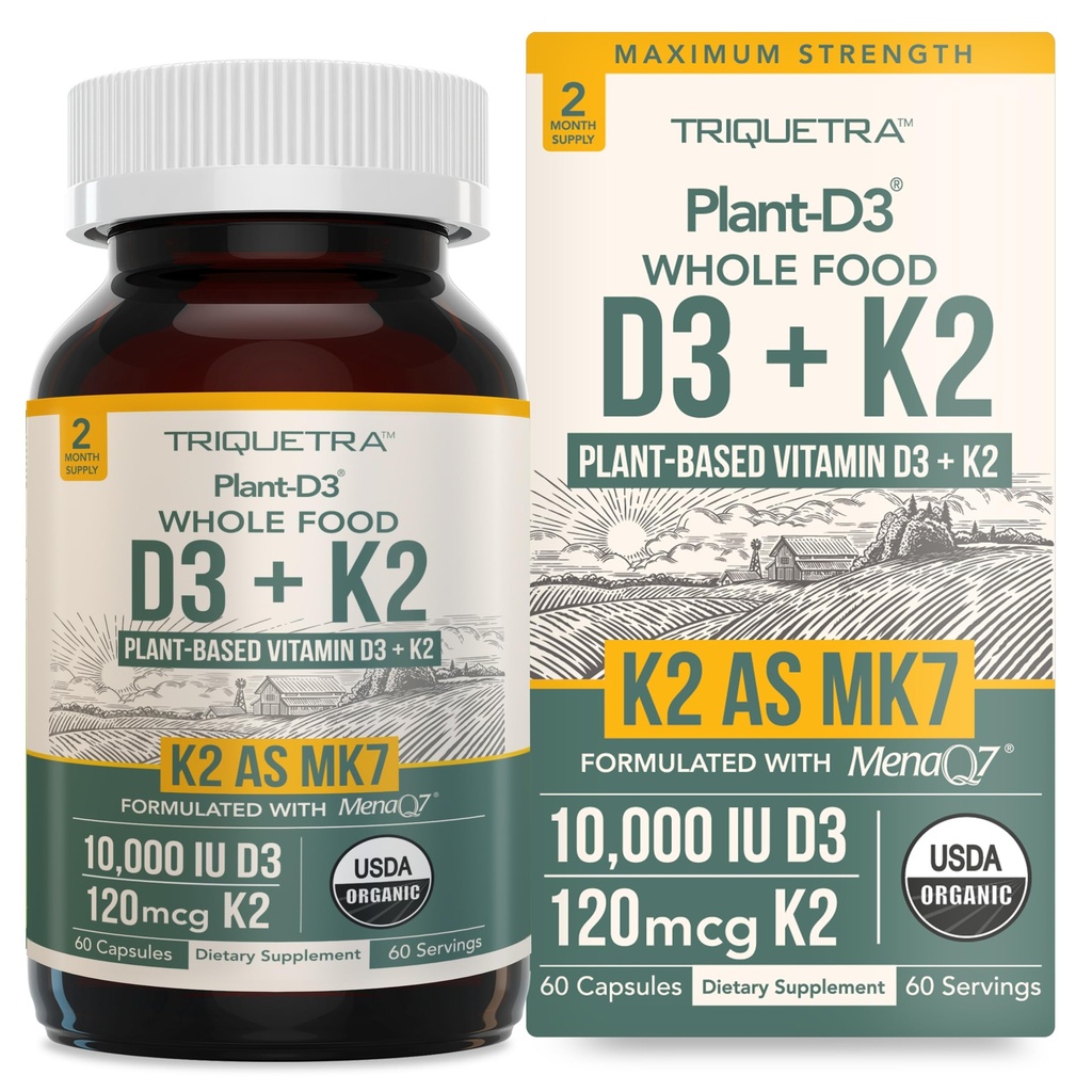 Tanaman Organik D3 + K2 = 124; 10.000 IU D3 + 120 mcg K2 sebagai All- Trans MK7 dari MenaQ7 ® - 100% Whole Food, Raw & Vegan & Vegan 124; Enhanced Diffic with Prebiotic & Superfood Complex - D3 from Organic Algae (60 Count)