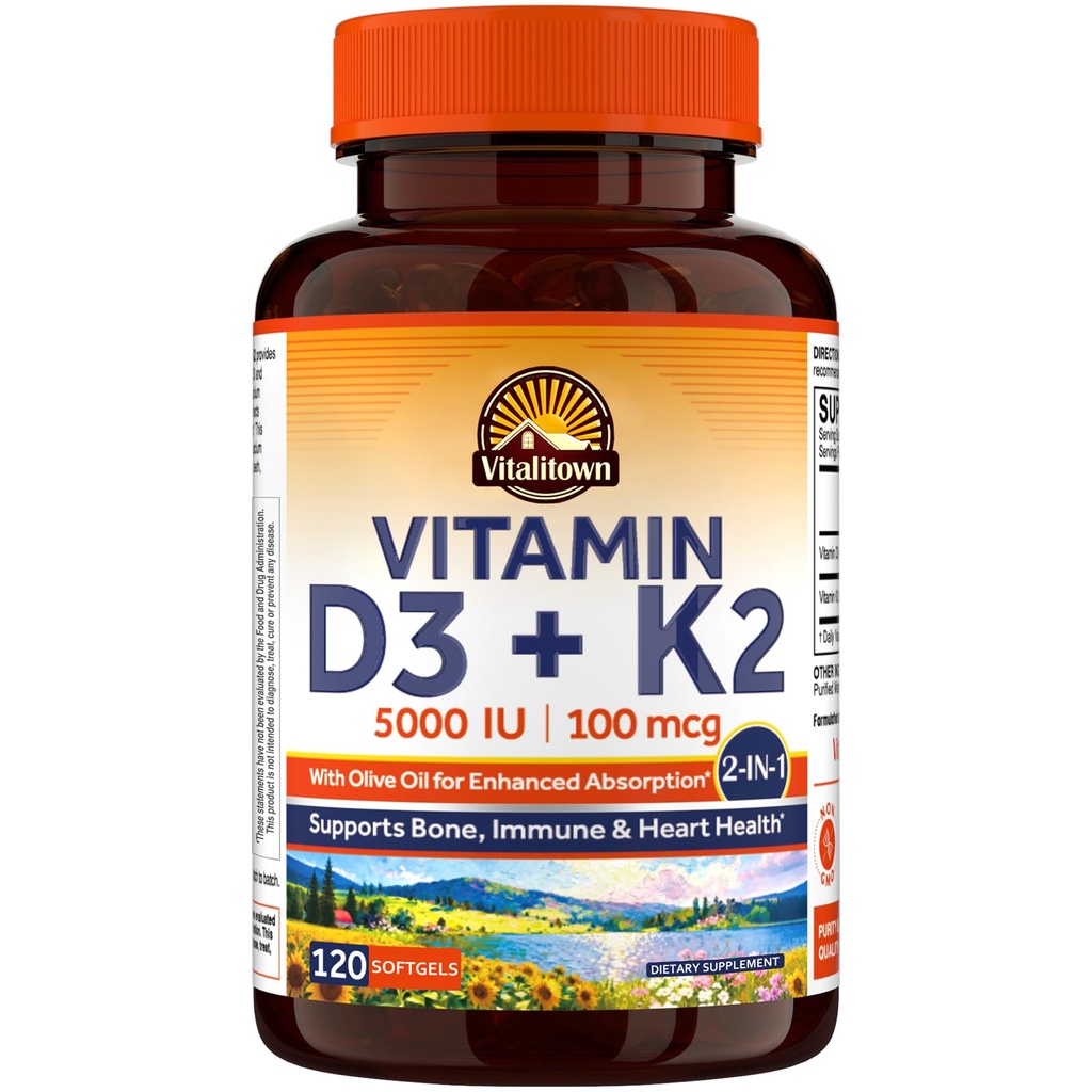 Vitalitown Vitamin D3 K2 Suplemen, D3 5000 IU, Vitamin K2 MK-7 100 mcg, Non-GMO, Gluten & Soy, untuk Bone, Teeth, Imune & Heart Health, 120 Softgels
