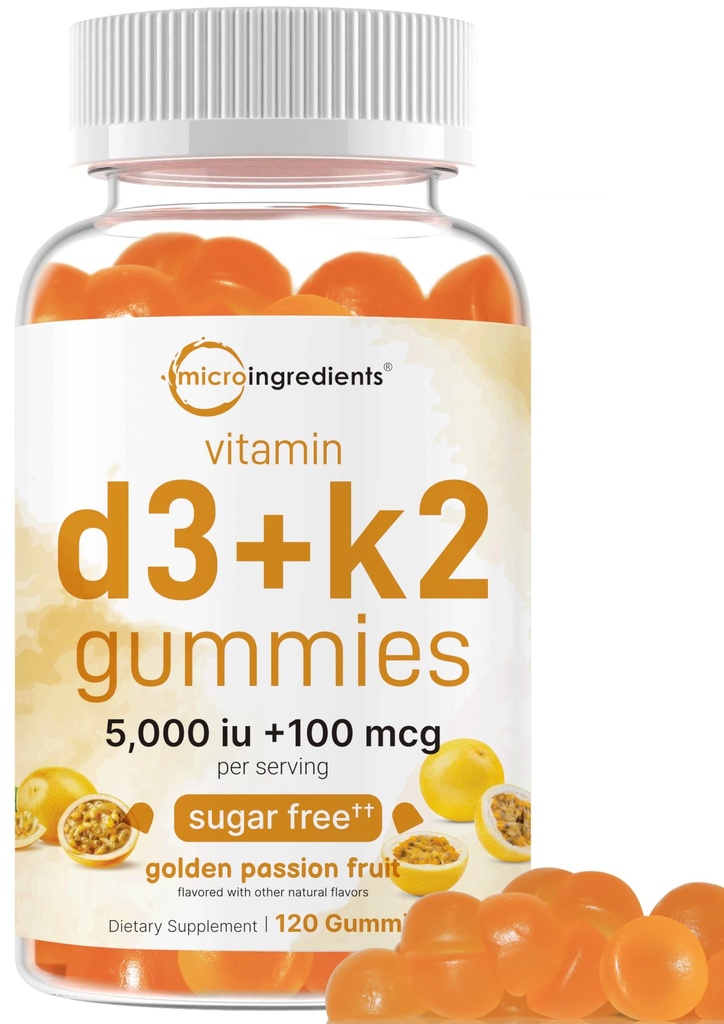 Mikro Ingrediens Vitamin D3 K2 Gummies, 120 Count 124; 5.000 IU Vitamin D + 100 mcg K2 MK-7 14; Bone, Imune & Heart Suplemen 124; Sugar Free Passion Fruce Fruvor 124; Non-GMO, Gluten Free