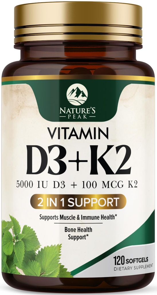 D3 K2 Vitamin - Vitamin D3 5000 IU Per Softgel - Potamine D3 Suplemen Tinggi - 2-in- 1 Kompleks D & Vitamin K2 (MK7) - Mudah untuk Swallow, Bone & Imune Dukungan - Botol USA - 120 Softgeels