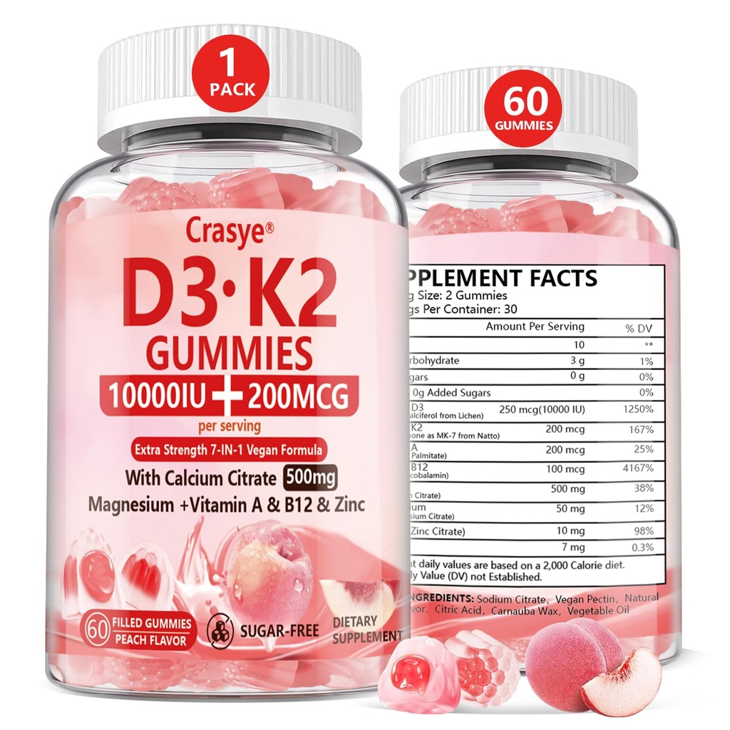 Vitamin D3 K2 Gummies 10000 IU dengan 500mg Kalsium Magnesium Zinc Gummy Free ADK + Vitamin B12 Suplemen Perempuan dan Pria Bones, Muscles, Teeth Peach Flavor - 60 Gummies