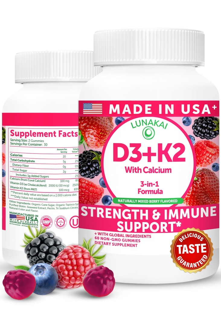 Lunakai USA Made Vitamin D3 K2 Gummies with Calcium - 3- in- 1 Daily Vegan Suplement for Bone & Ammune Dukung for Women, Men & Kids, 60ct
