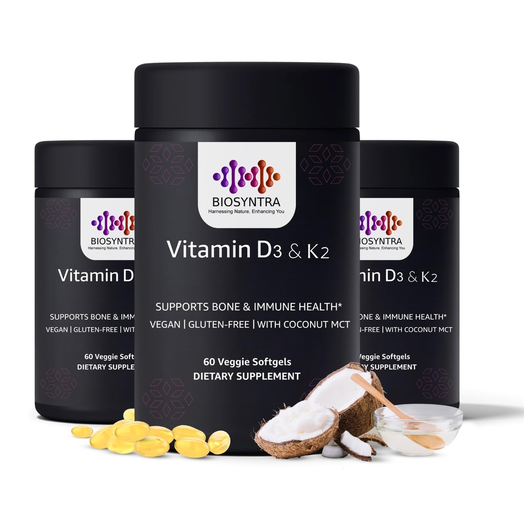 Vitamin D3 + K2 dengan Coconut Oil - Vegan Vitamin D 5.000 IU & MK7 Vitamin K 110mcg untuk Bone, Heart & Imune Dukungan, Non-GMO, Third Party Tested, Soy Free, High Absorpsi 60 Veggie Softgels