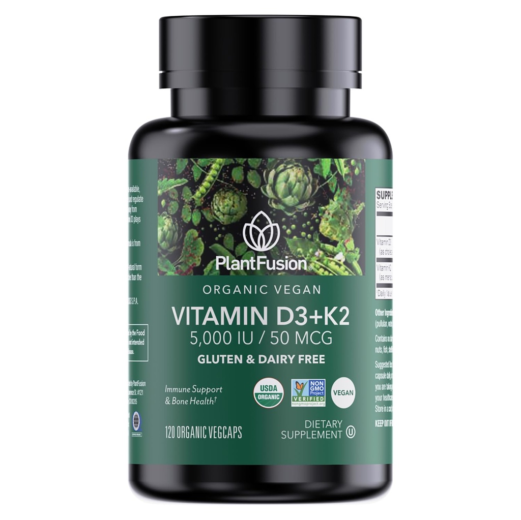 PlantFusion Organic Vegan D3 + K2 5.000 IU, 50MCG - Vitamin D Sourced from Plant Based Lichen and Vitamin K2, for Imune Dukung and Bone Health - 120 Capsules