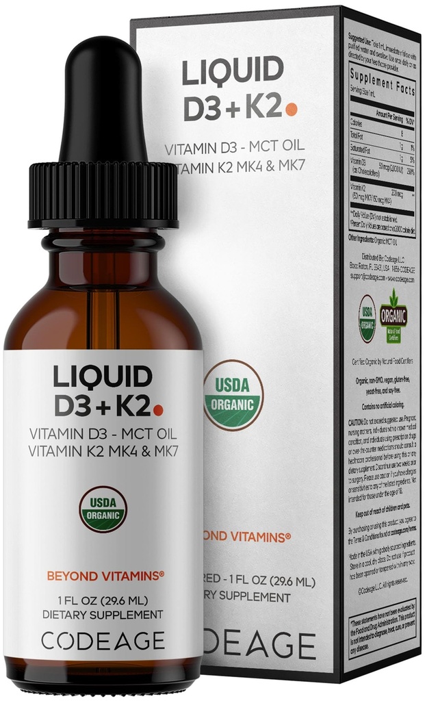 Kodeage Liquid D3 + K2 Vitamin USDA Organik - Vitamin D3 2000 IU, Vitamin K2 (MK4 & MK7) Cair Drops - Imune Dukungan - Unflasmered - Organic MCT Oil - Non-GMO - 1 fl oz