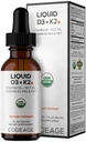 Kodeage Liquid D3 + K2 Vitamin USDA Organik - Vitamin D3 2000 IU, Vitamin K2 (MK4 & MK7) Cair Drops - Imune Dukungan - Unflasmered - Organic MCT Oil - Non-GMO - 1 fl oz