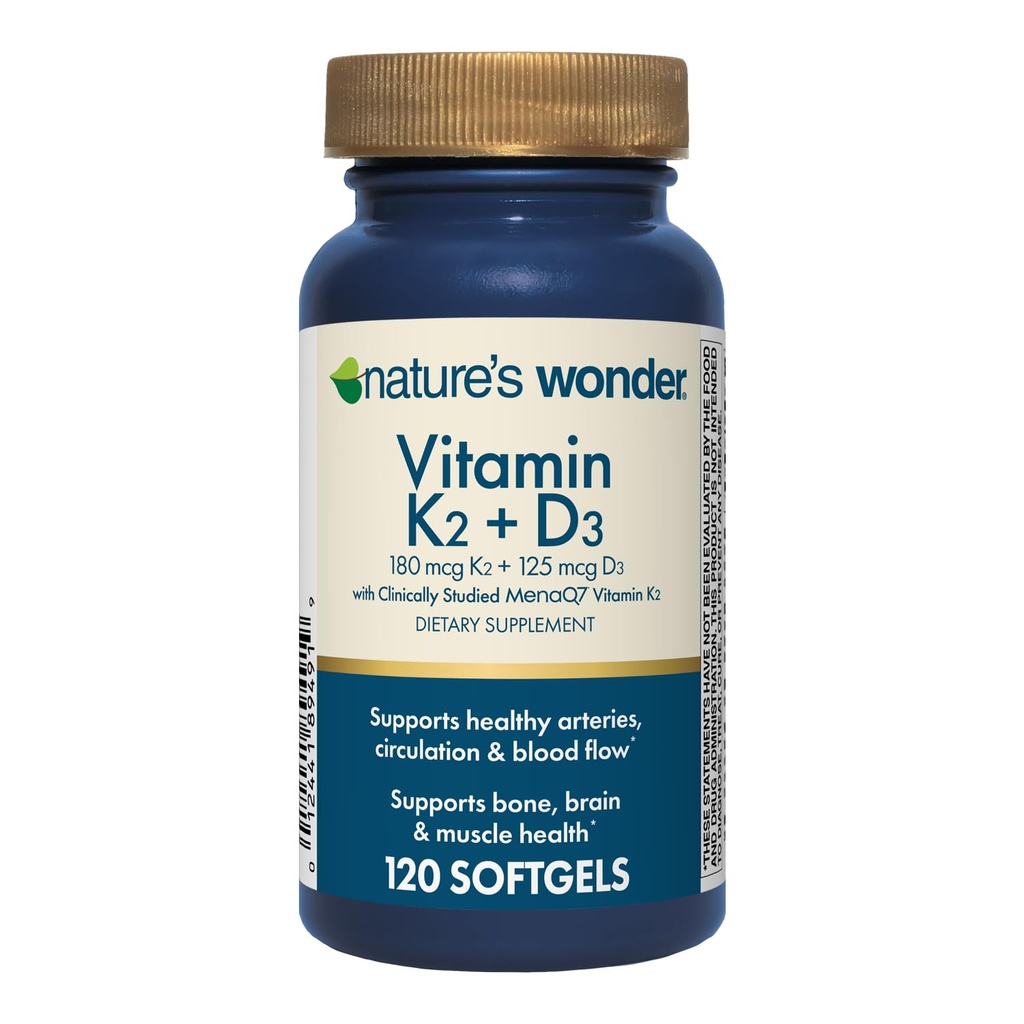Alam Wonder Vitamin K2 + D3 dengan MenaQ7 untuk Cardiovaskular, Brain, Bone dan Muscle Health, 120 Softgels, 120 Day Supply