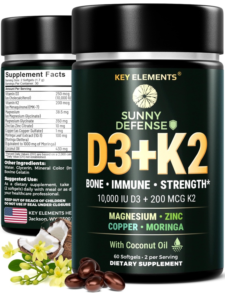 KEY ELEMENTS D3 K2 Vitamin 10.000 IU dengan Magnesium Glycinate 350mg, Zinc dan Moringa - Bone & Imune Dukungan - Vitamin D dengan K2 MK-7 200mcg