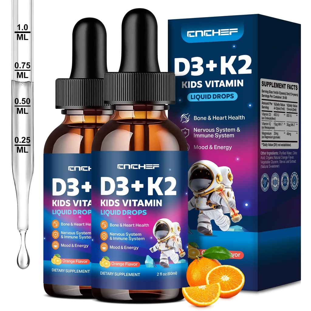 2PCS Vitamin D3 K2 Drops for Kids - Liquid Suplement with Magnesium for Calsium Absorpsi, Gabungan Health, Teeth & Heart - Non-GMO, Vegan, Orange, 4 Fl Oz