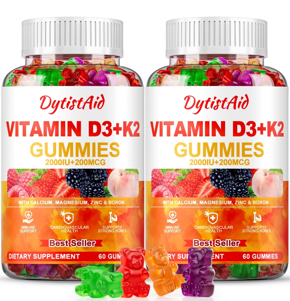 Vitamin D3 + K2 Gummies 2000 IU dengan Kalsium + K2 (MK-7), Magnesium Citrate, Vitamin C, Zinc & Boron - Bone, Heart & Imune Dukungan - Vegan, Non-GMO, Gelin- Free, Sugar-Free Sugar-Free Sugarnment, 120 Gummies