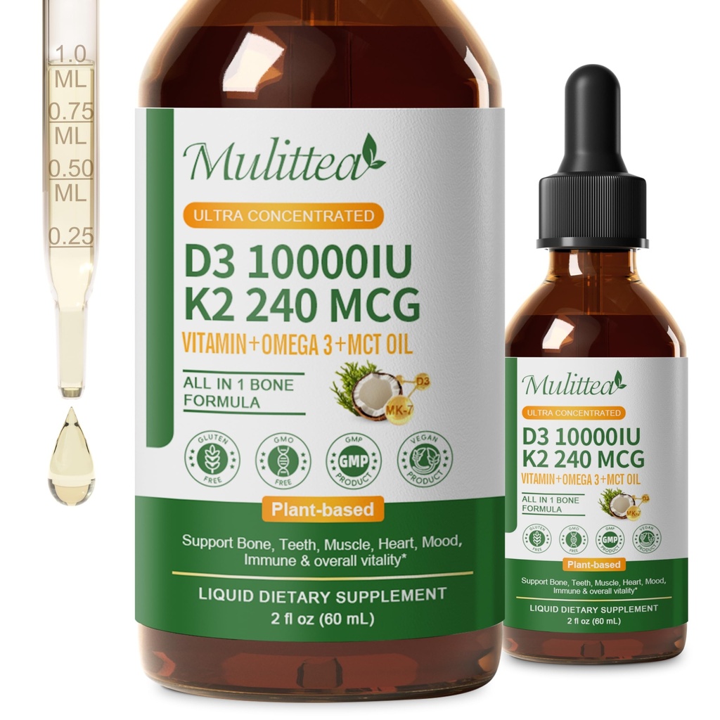 2 Pack Organik Vitamin D3 K2 Liquid 10000 IU w / Vegan Omega-3 & Coconut MCT Oil - Maximum Kekuatan Vitamin D Suplemen, Tidak Ada, Non-GMO K2 sebagai MK7 untuk Bones, Muscles & High Absorption- 2 Fl Oz