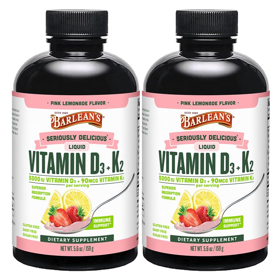 Barlean 's Pack of 2 Vitamin D3 + K2 Liquid Suplemen untuk Anak-anak dan Dewasa, 5000 IU Vitamin D, Pink Lemonade, Non-GMO, Gluten dan Dairy Free, 5.6 oz Masing-masing