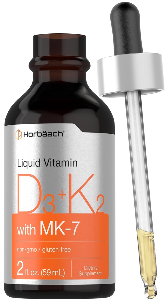 Horbäach Vitamin D3 K2 Liquid Drops 126; dengan MK7 124; 2 Fl Oz 124; Vegetarian, Non- GMO, Gluten Free Supplemen