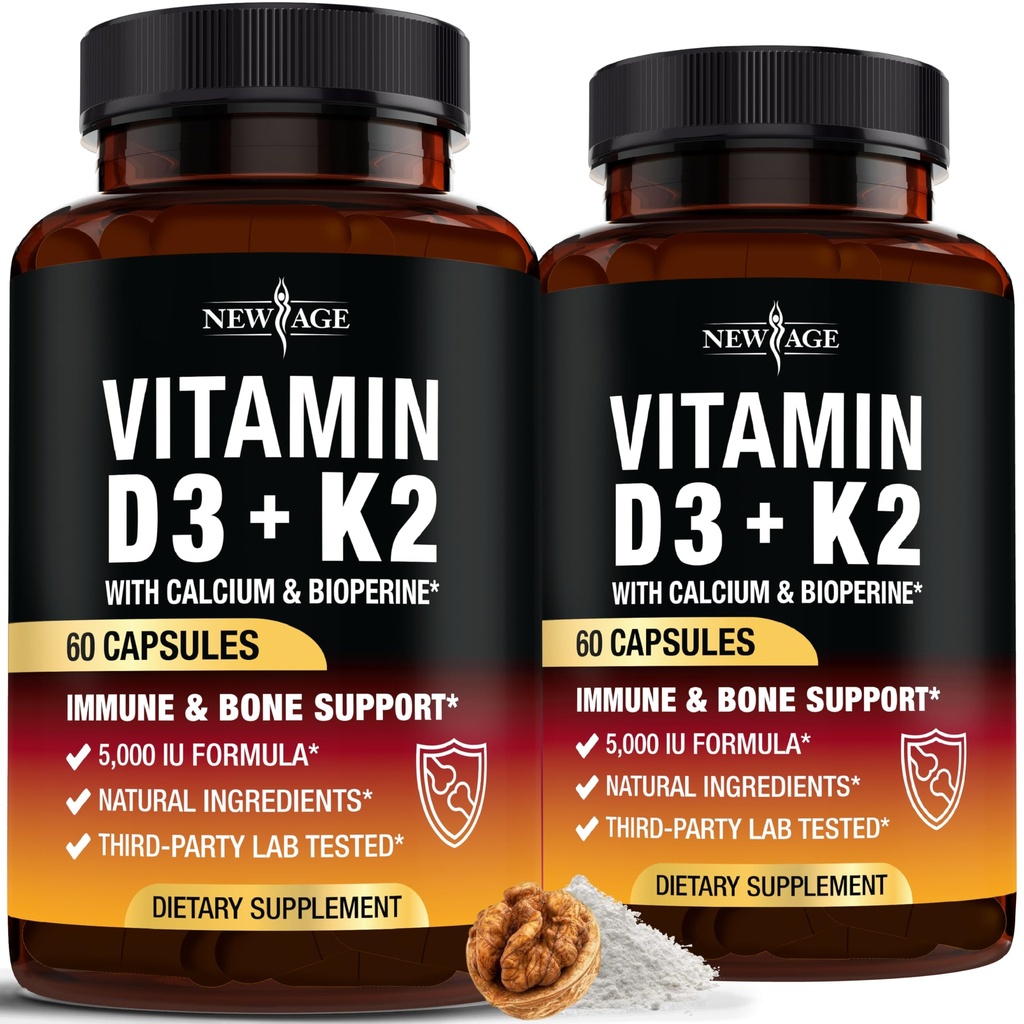 New Age Vitamin D3 5.000 IU + K2 MK-7 100 mcg - 2- 1 Bone, Imune & Heart Support, Easy to Swallow, Non- GMO - 120 Capsules