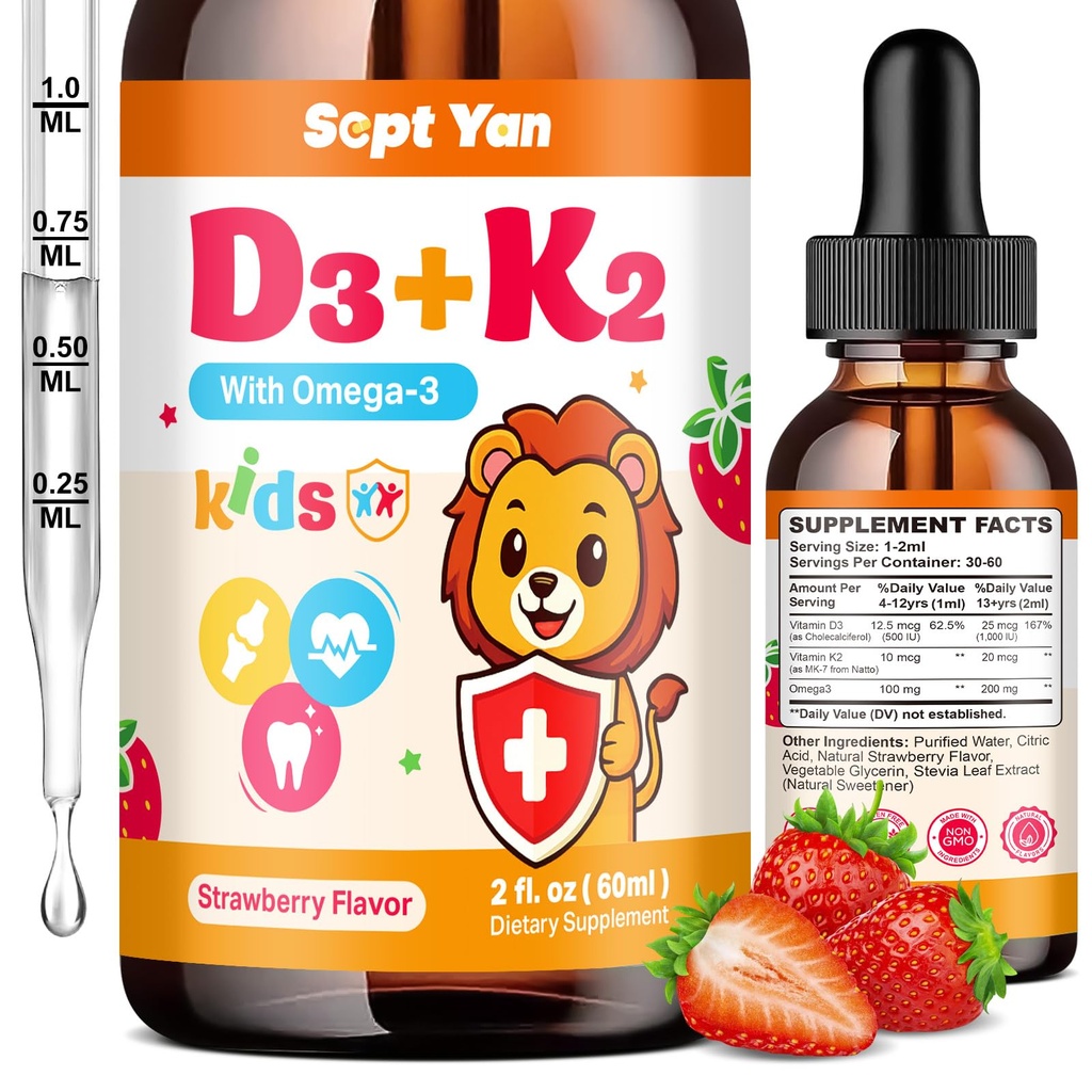 Anak-anak Vitamin D3 K2 K2 D3 Tambahan 1000 IU dengan Omega 3, Dukung Bone, Mood, Teeth & Imune - Vitamin D3 K2 (MK-7) Cair untuk Dewasa & Anak-anak, Sugar Free Strawberry Flavor 2 FL OZ