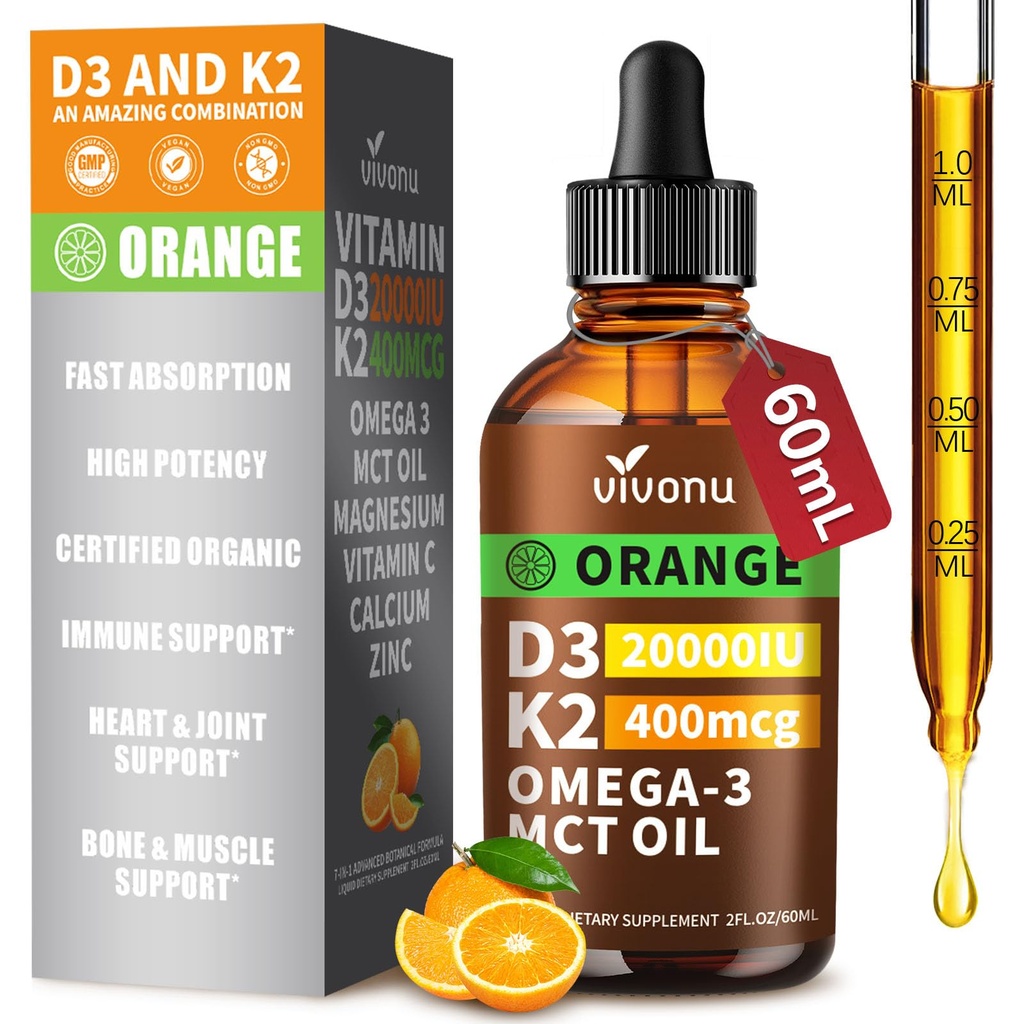 Vitamin D3 K2 Drops, D3 200000 IU & K2 sebagai MK-7 400mcg dengan Magnesium, Calcium, Zinc & Omega 3 untuk Imune *, Mood *, Bone * Health, Orange Flavor DLiquid Drops 1 Botol / 2 Ounces