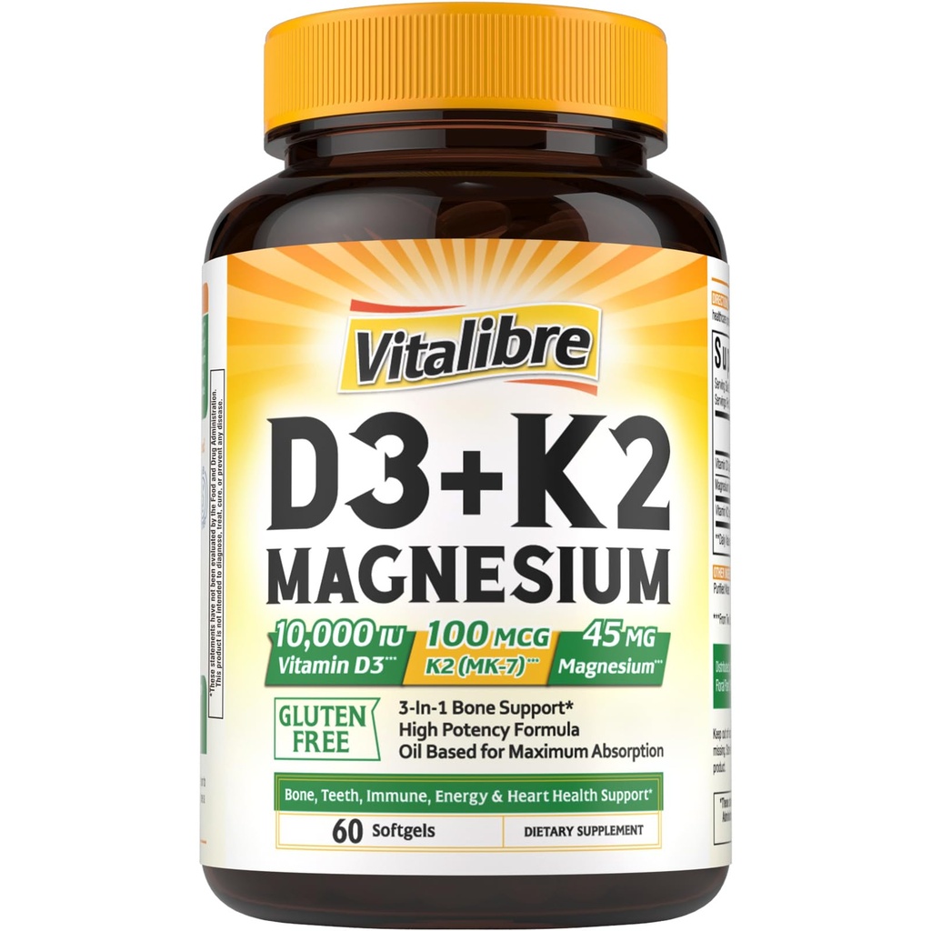 Vitalibral D3 K2 + Magnesium Suplemen, 10.000 IU Vitamin D3 & 100 mcg K2, dengan Magnesium Glycinate, Bone, Teeth, Imune & Energy Dukungan, Absorpsi Tinggi, NON-GMO, Mudah ditelan, 60 Softgels